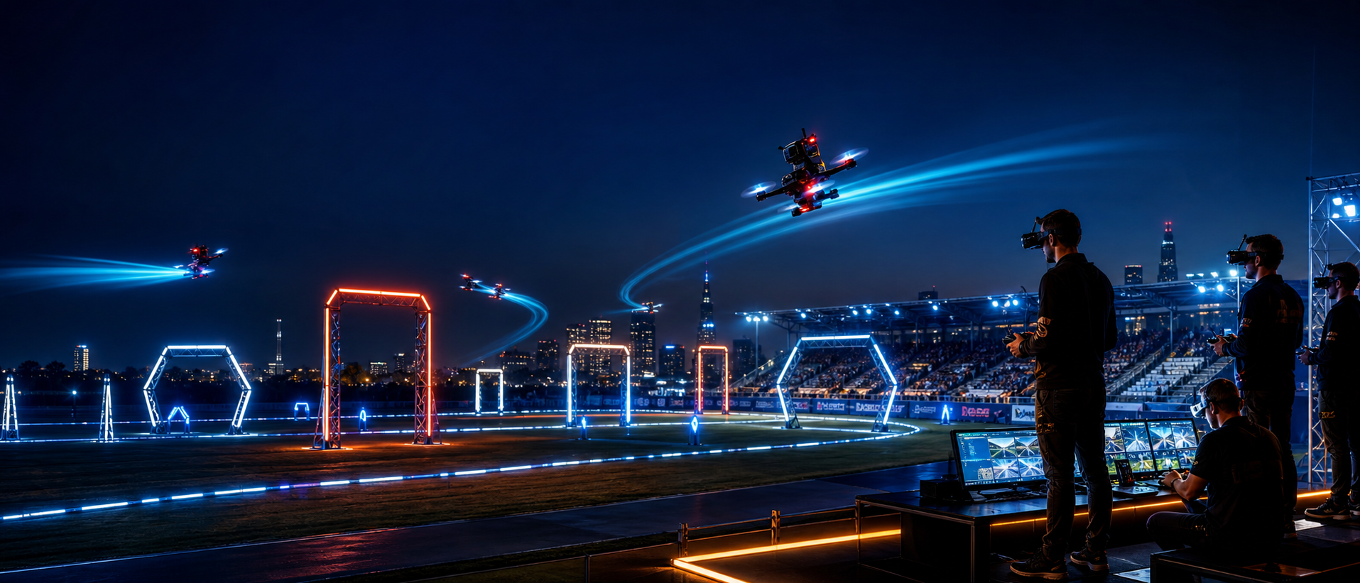Gece aydınlatmalı FPV drone yarış alanı