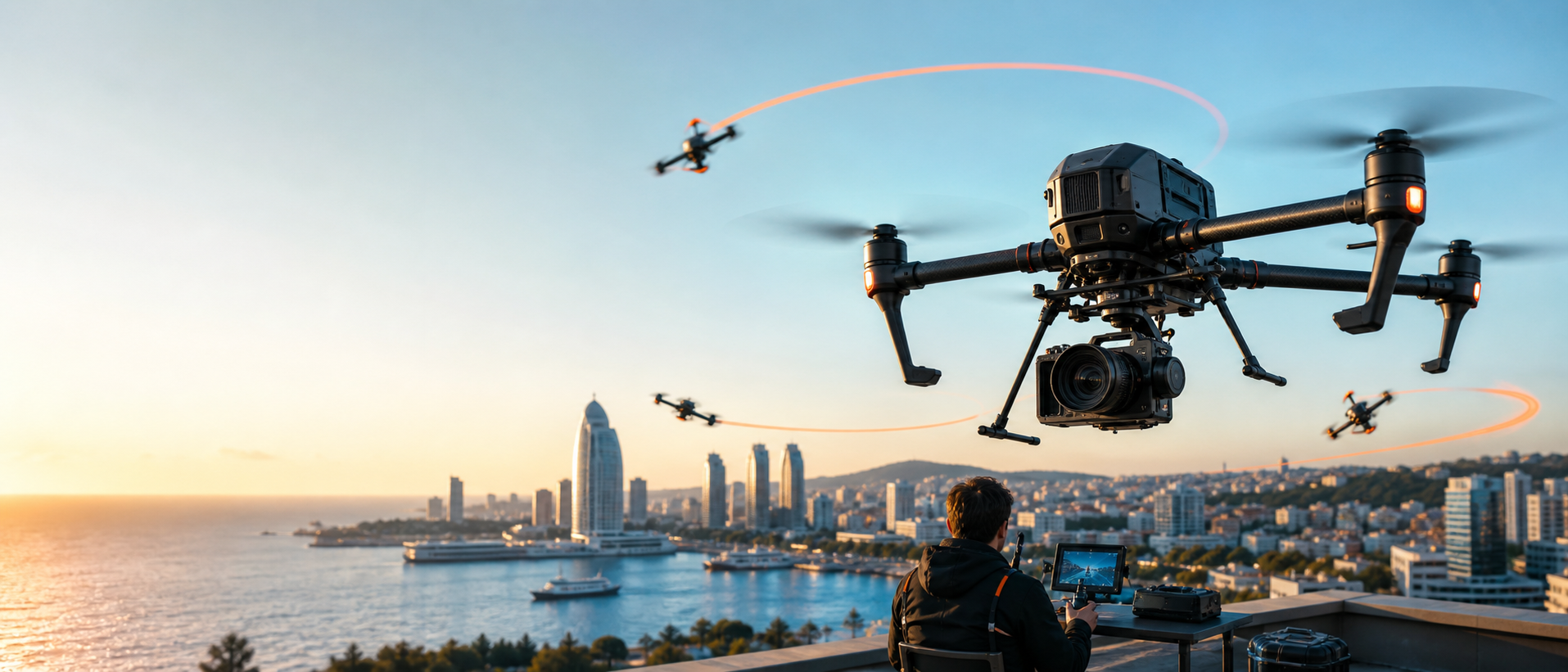 Drone çekimi ve FPV yarış eğitimini temsil eden şehir üstü uçuş sahnesi